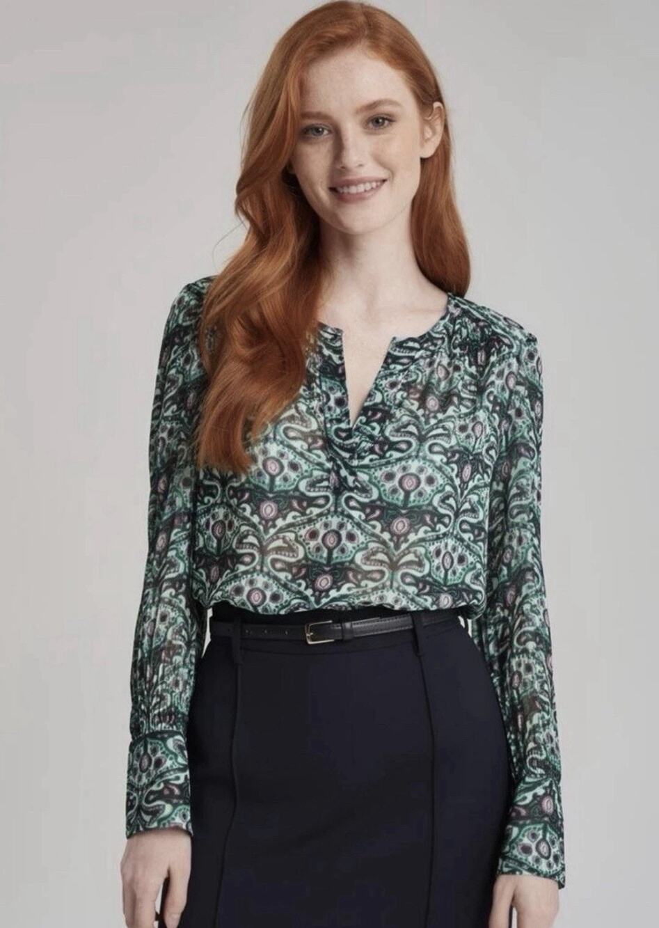 Ba&sh Fel Green Purple Geometric Printed Semi Sheer Long Sleeve Blouse Size S/XS